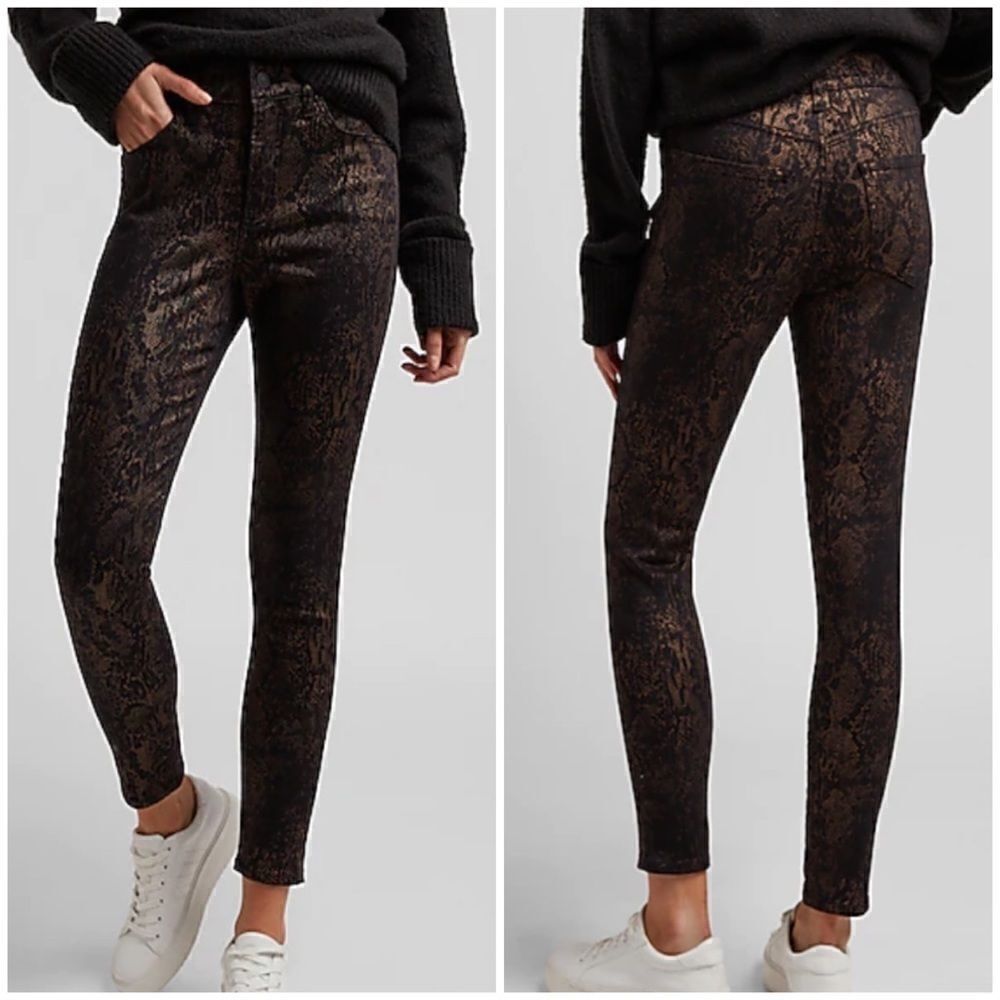 Express Black & Gold Foil Snakeskin Print Skinny Jeans